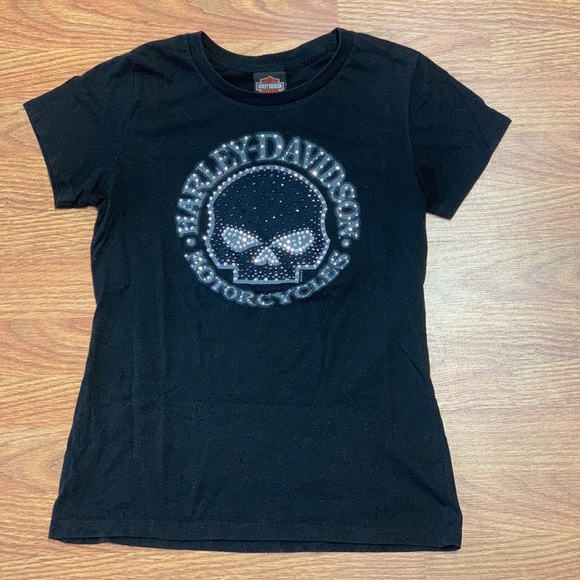RARE Y2K  VINTAGE SEQUIN SKULL HARLEY DAVIDSON T - Picture 1 of 4